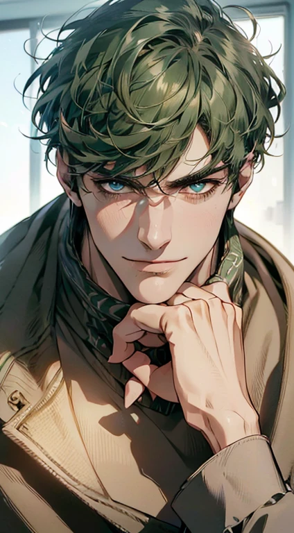 (best quality,4k,8k,highres,masterpiece:1.2),ultra-detailed,(realistic,photorealistic,photo-realistic:1.37),1 man,3,mature man,very handsome,without expression,smile,short green hair,blue eyes,penetrating gaze,perfect face without errors,imposing posture,businessman,office background,cinematic lighting,hdr image