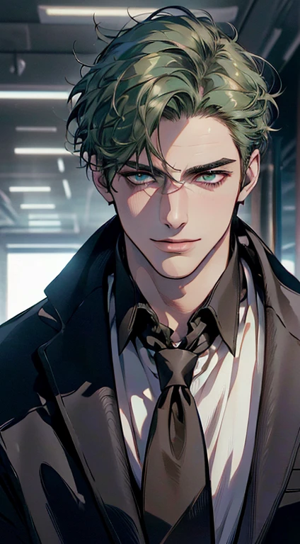 (best quality,4k,8k,highres,masterpiece:1.2),ultra-detailed,(realistic,photorealistic,photo-realistic:1.37),1 man,3,mature man,very handsome,without expression,smile,short green hair,blue eyes,penetrating gaze,perfect face without errors,imposing posture,businessman,office background,cinematic lighting,hdr image
