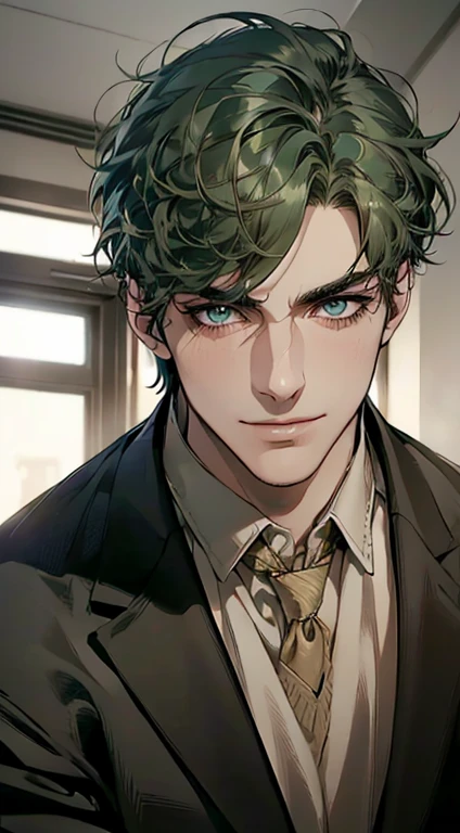 (best quality,4k,8k,highres,masterpiece:1.2),ultra-detailed,(realistic,photorealistic,photo-realistic:1.37),1 man,3,mature man,very handsome,without expression,smile,short green hair,blue eyes,penetrating gaze,perfect face without errors,imposing posture,businessman,office background,cinematic lighting,hdr image