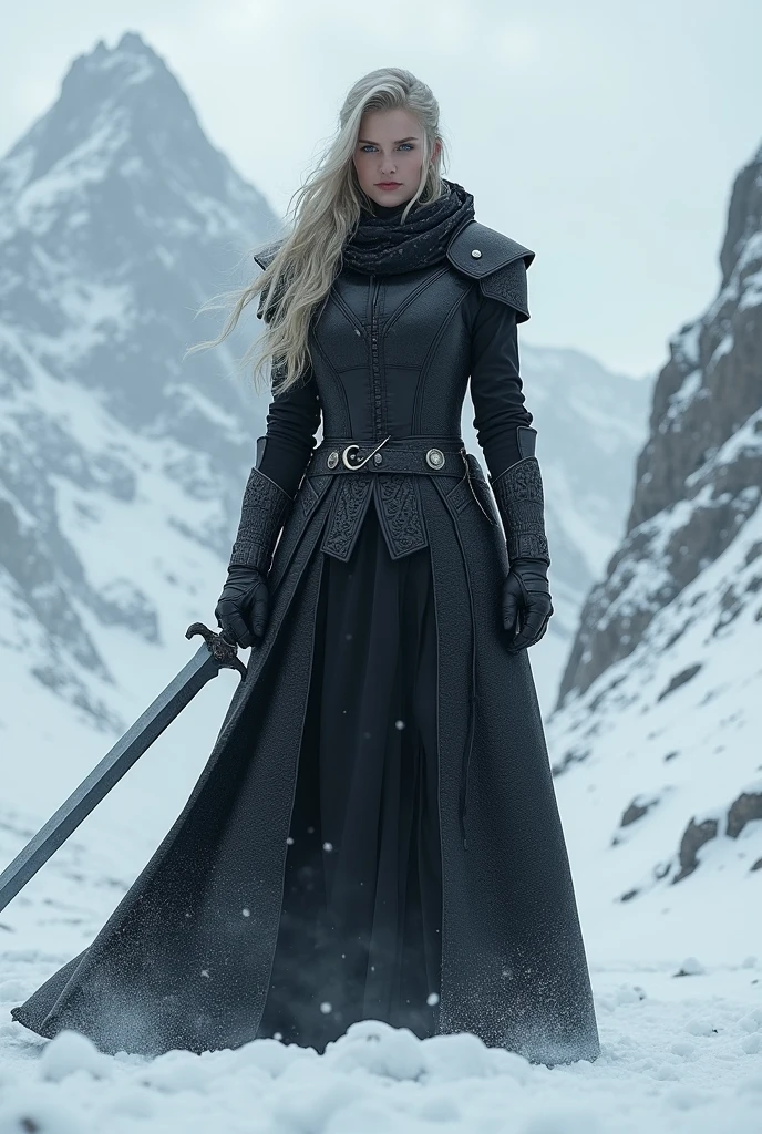 a snowy night war background, create a full body image of a gorgeous woman standing, one foot planted in the snow, another foot on a deceased man's chest, with long extra curly white hair and long bangs at the sides of his face, light freckles, sharp features and slanted half-closed glowing light purple eyes wearing a really fancy steampunk suit with straps, her chest area is open, neck-line shown, long black gloves, a frilled neck tie, black pants with black animal furs caping the back and side of his legs and knee-high strapped boots. sHe is holding a longsword, she is currently fighting other men in black armor, holding his sword towards them, other men fighting around her, with red snow at his feet/ boots. He has blood on his clothes. sHe has a long bloody scar going across his cheeks and nose.