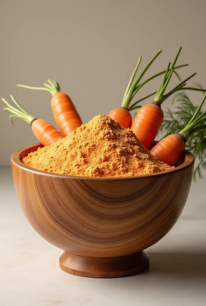 Make an image of a tall, handcrafted wooden bowl with lots of orange flour and whole carrots embedded in it.