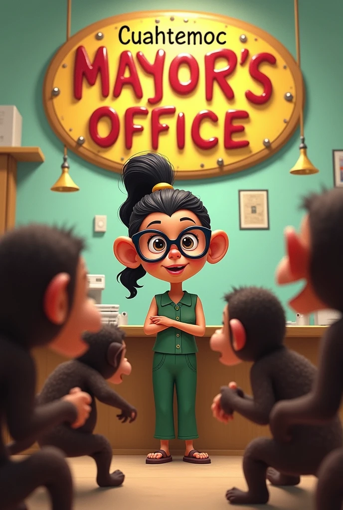 Generates an image of the dwarf chilindrina with bottle-bottom glasses and hair tied back in a ponytail, giving orders to 5 monkeys to be in front of a computer and behind a sign that says literally "Cuauhtémoc Mayor&#39;s Office" 