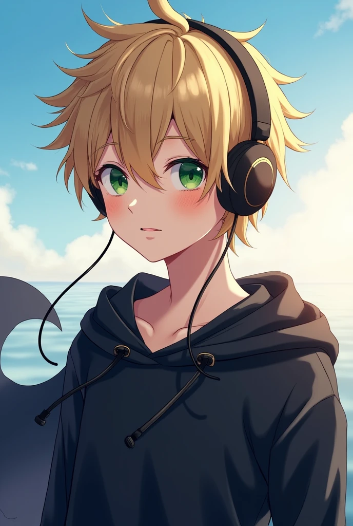 Create an anime-style image of a male character with blond hair, Wearing Headphones, greeneyes, he has a small wart on his nose, and he&#39;s wearing a black sweatshirt with a cape and has a reflective expression looking at the horizon 