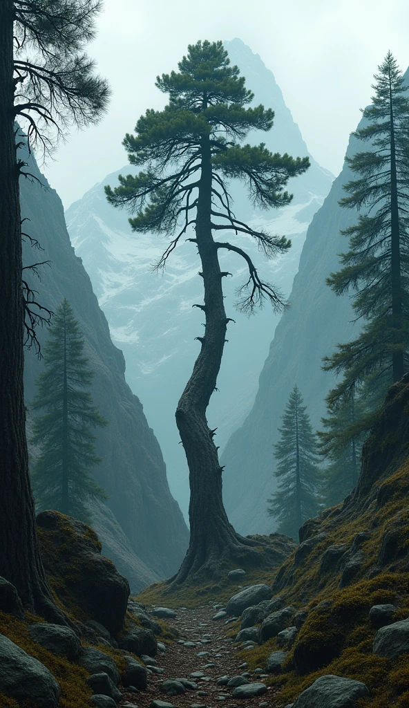 A mountainous landscape with a lonely pine tree, twisted and robust, surrounded by other ancient trees