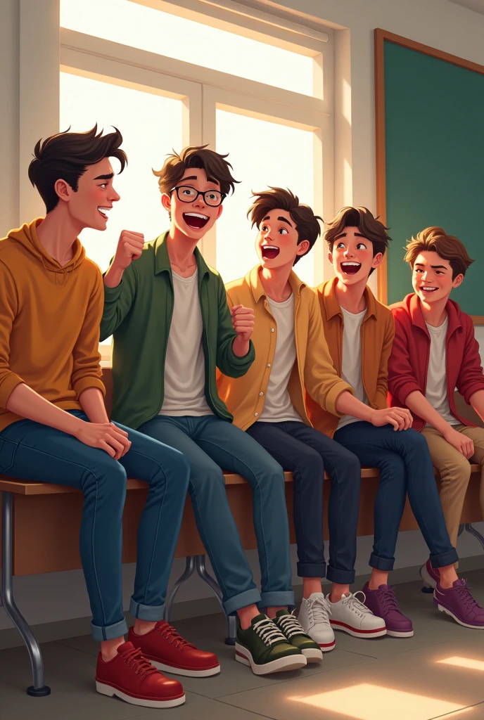 In classroom 5 students boys 20 years old, setting on a long chair, with laughter