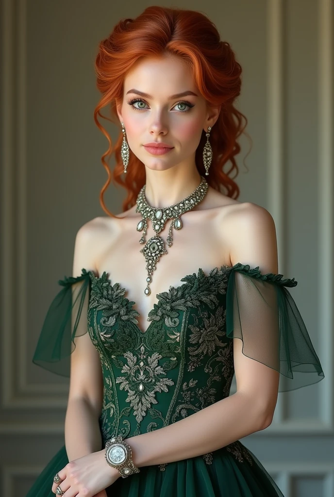 Redhead woman with jewelry , prom dress and hairdo, fully body 