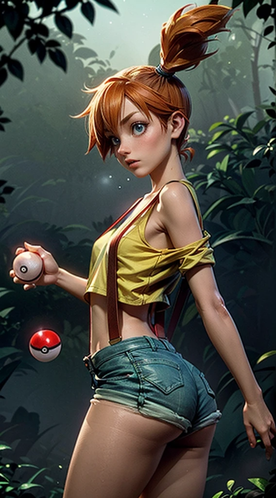 ((Misty)), (best qualityer), (great lighting), (Masterpiece artwork), (upper details), (whole body), (fully body),1 beautiful girl, (short orange hair tied to the side), blue colored eyes, (body skinny), breasts small, big-ass, small yellow shirt, (shirt too small), (part of the breasts on display), (red suspenders falling over the shoulder), very short denim shorts, (part of the butt visible), (scared, throwing a pokeball), forest background, (fine strokes), cinematic,