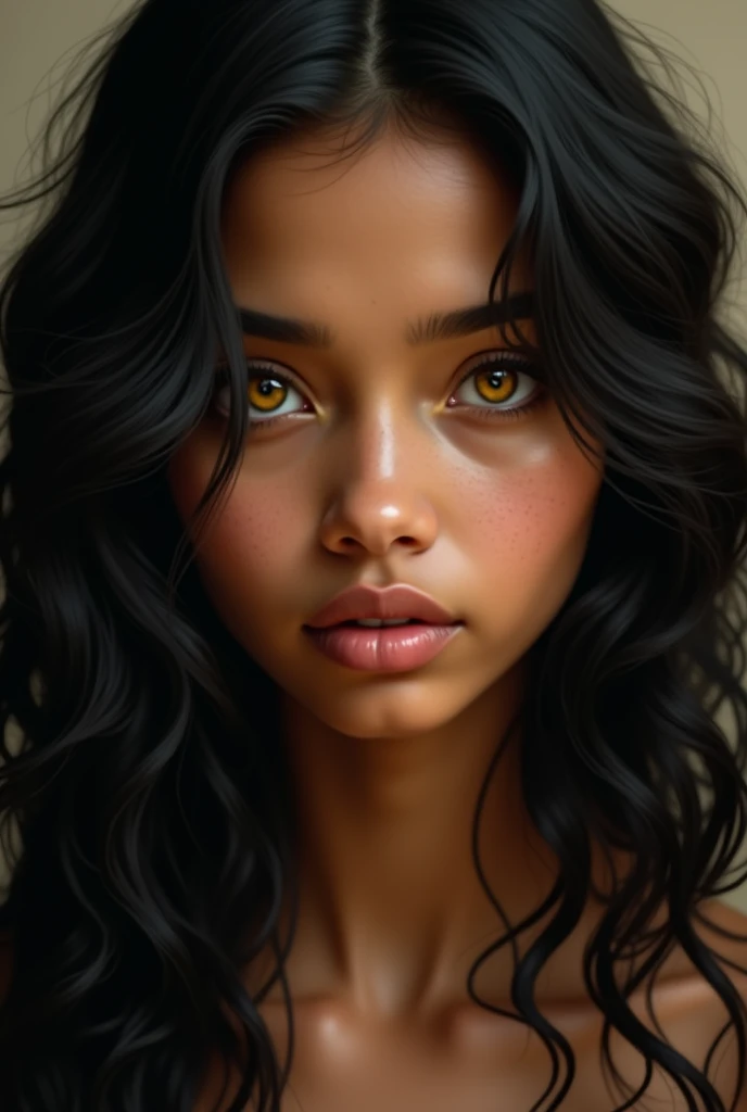 a girl aged 20 yellow eyes with a light brown tone long and full hair long black hair layered cut small nose full lips tanned skin