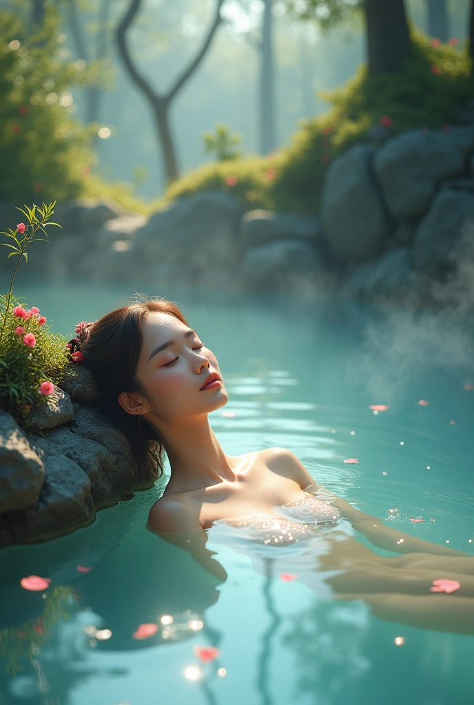 A girl relaxing in a hot spring