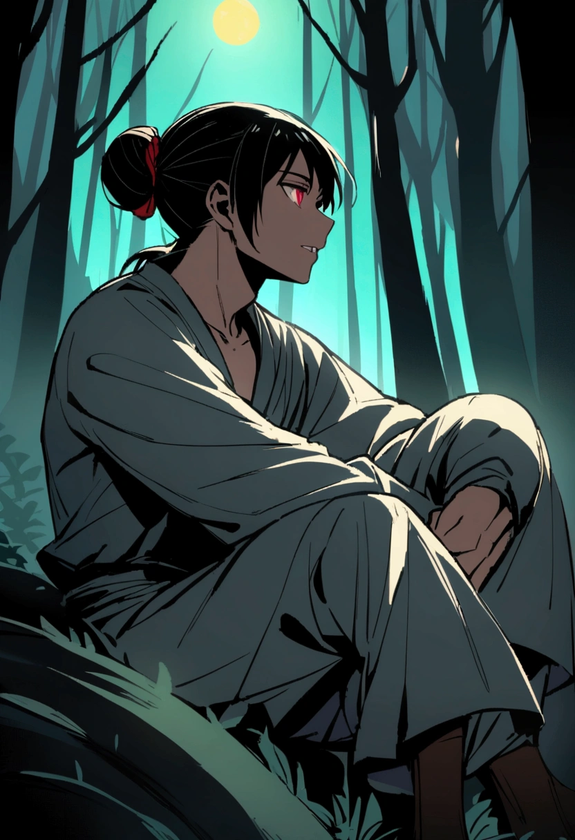 A gray-skinned man with crimson eyes and black hair tied in a bun, his teeth have sharp canines and he is in the moonlight in a forest sitting with his legs crossed while looking straight ahead