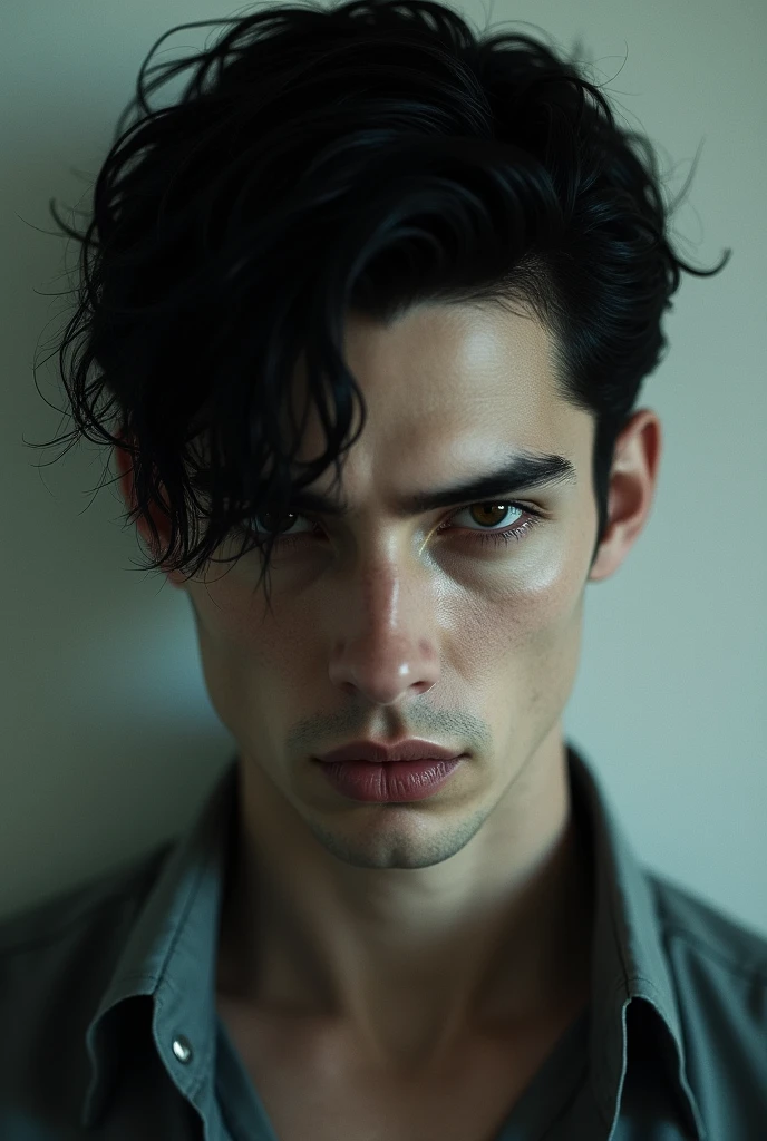 Very handsome man with black hair, very serious face, very pale skin, dress shirt