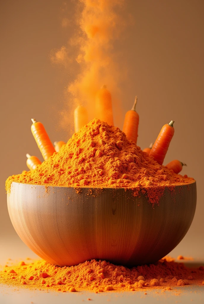Make an image of a tall, handmade wooden bowl with lots of orange flour and whole carrots embedded in it.