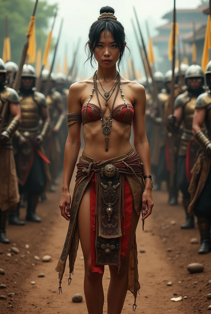 Portrait of Abigail: , (Asian woman), (Ancient female priest), ((Thai face)), (Country girl), (beautiful), (detailed face), (Female warrior), ((naked)), ((wearing thai traditional loincloth))
, with beautiful and intense facial features
, surrounded by many warriors fighting and many injured or fallen. The scene is strong and intense
, short hair, สาวbeautifulมีกล้ามหน้าท้องเพรียวบาง: 1.4, Six pack abs: 1.4, Chest Botox, small, perfect athlete body, (There is a yantra tattoo.), slim, (See the legs), legs details, (Barefoot), ((see full body))
, ((looking at the audience)), (Stand facing the audience.), (proportional figure), very detailed image
, ((Behind them were many soldiers in armor.))
, in an outdoor ceremony, wide-angle view, (wide angle)
, very detailed image, realistic, Highly detailed, perfect composition
, beautiful, There are complicated details., Incredible detail
, Artistic photography in 8k, There are too many details., Masterpiece