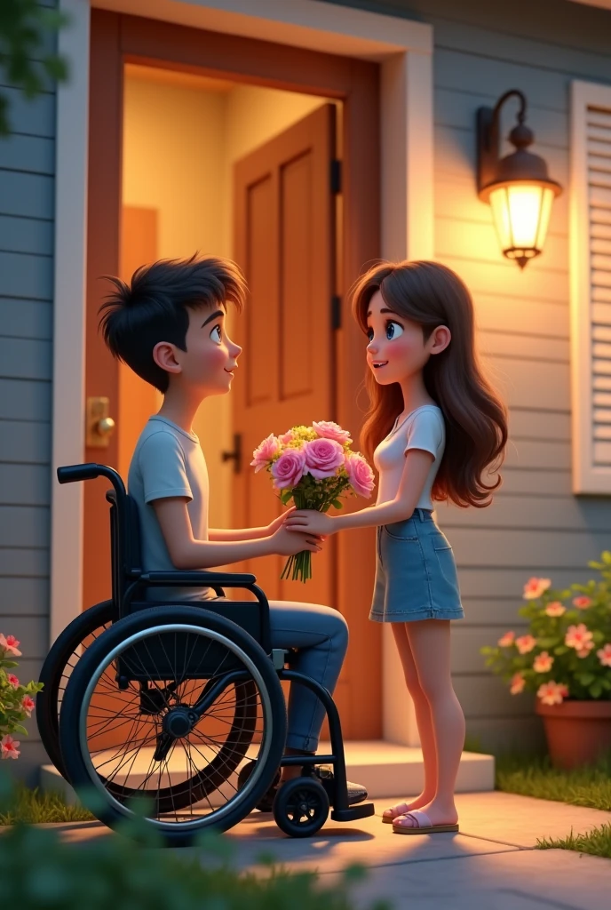 La photo capture un moment intime devant la porte de la maison de la jeune femme. Le jeune homme, assis dans son fauteuil roulant, tend un bouquet de fleurs à la jeune femme qui se tient devant lui. Il a les cheveux noirs courts et des yeux bleus brillants, son visage exprimant toute la tendresse qu’il éprouve pour elle. Vêtu d’une chemise simple, il semble un peu nerveux mais déterminé alors qu’il offre les fleurs.

La jeune femme, aux longs cheveux bruns et aux yeux vert bleuté, regarde le bouquet avec une surprise douce mêlée de joie. Elle est habillée d’une robe légère, ses mains tremblant légèrement en acceptant le bouquet. Son sourire éclatant illumine la scène.

Ils sont juste devant la porte d’entrée de sa maison, une demeure modeste mais accueillante, avec des volets blancs et un petit porche. Les fleurs autour de l’entrée sont en pleine floraison, et la lumière du soir baigne la scène dans une lueur chaleureuse. L’atmosphère est remplie d’émotion, un mélange d’amour, de douceur, et de la magie des premiers gestes romantiques. Version pixar 2d 