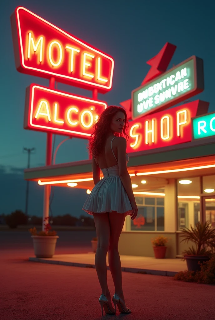 ((masterpiece, highest quality, Highest image quality, High resolution, photorealistic, Raw photo, 8K)), arafed view of a motel with a car parked in front of it, with neon signs, A woman waiting for a guest in front of a motel, seduction, short dress with exposed breasts and high heels, Open your legs and roll up your skirt, route 6 6, neon signs, 1 9 5 0 s americana tourism, some have neon signs, neon lights outside, neon advertisements, gigantic neon signs, neon shops, by Arnie Swekel, few neon signs, neon signs in background,
