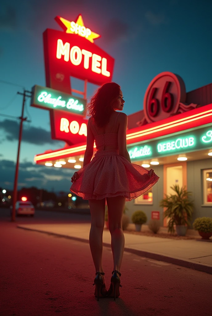 ((masterpiece, highest quality, Highest image quality, High resolution, photorealistic, Raw photo, 8K)), arafed view of a motel with a car parked in front of it, with neon signs, A woman waiting for a guest in front of a motel, seduction, short dress with exposed breasts and high heels, Open your legs and roll up your skirt, route 6 6, neon signs, 1 9 5 0 s americana tourism, some have neon signs, neon lights outside, neon advertisements, gigantic neon signs, neon shops, by Arnie Swekel, few neon signs, neon signs in background,