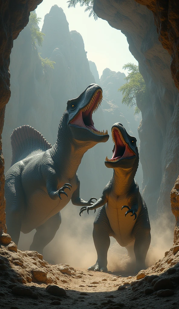 Tyrannosaurus Rex roars at Spinosaurus in the ULTRA MEGA HYPER large cave