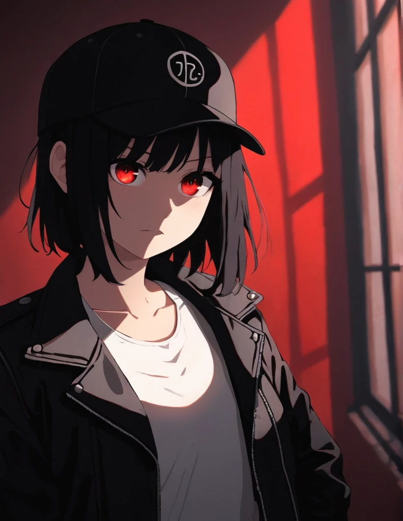 Anime girl with (short black hair:1.1), black baseball cap, Black Front-Open leather Jacket with white tank top, black trousers, upper body, (silhouetted against a red, window-lit hallway:1.3), mysterious aura, dramatic shading, high contrast, intense and somber mood, (text overlay: ".is you.":1.1), psychological thriller vibe, (shadowed face with a hint of light on eyes:1.2), suspenseful atmosphere.