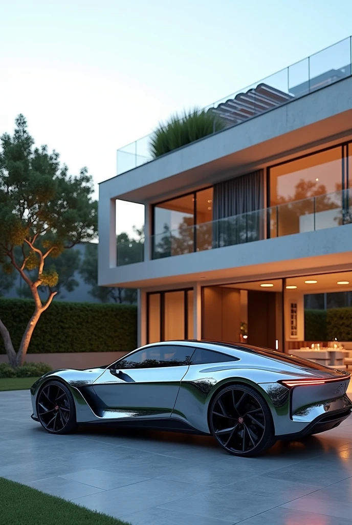 Futuristic car in front of loft mansion