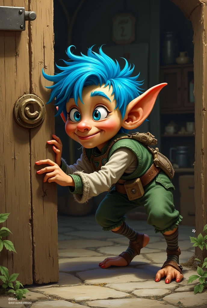 a goblin with blue hair wear ferme une porte en bois