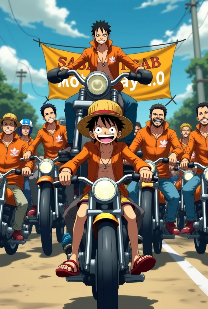 Anime one piece usop riding a mini moped , Luffy takes 100 of his members on a motorbike , they all wear orange jackets , On the jacket there is BBMC writing on the front of the Adidas brand jacket, wearing long jeans, and wear motorcycle boots, all members are excited , in front holding a banner that says Sabah Moto Day 7.0