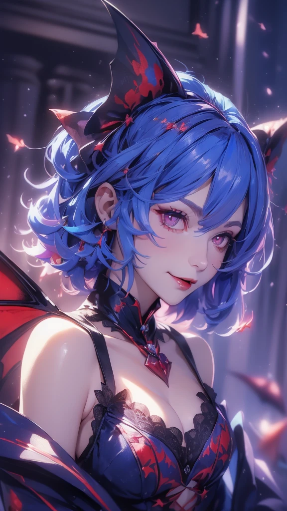 (((Remilia Scharlachrot))), (Bat wings), (Vampir), shorth hair, (((Blue hair))), ((Stand)), ((((face close up)))), ((jacket, Taut shirt)), evil smile,, 