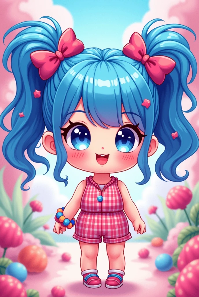 Create a highly digital chibi drawing of an anime girl with an ultra-cute and exaggerated style. She should have a very round face with oversized, sparkling eyes and a tiny, cheerful mouth. Her hair should be styled in an extremely playful and voluminous way, using bright, eye-catching colors like electric blue or bubblegum pink, with digital shine effects. Outfit her in a simple, yet vibrant ensemble, such as a patterned romper and oversized bows, with minimal but colorful accessories like a chunky bracelet. The background should be a whimsical and clearly digital scene, such as a stylized candy land with bold, flat colors or a dreamy landscape with abstract, geometric shapes. Ensure the artwork has a sleek, polished look with crisp lines and vivid, uniform colors to highlight its digital nature and chibi essence, distinctly separating it from any AI-generated appearance.
