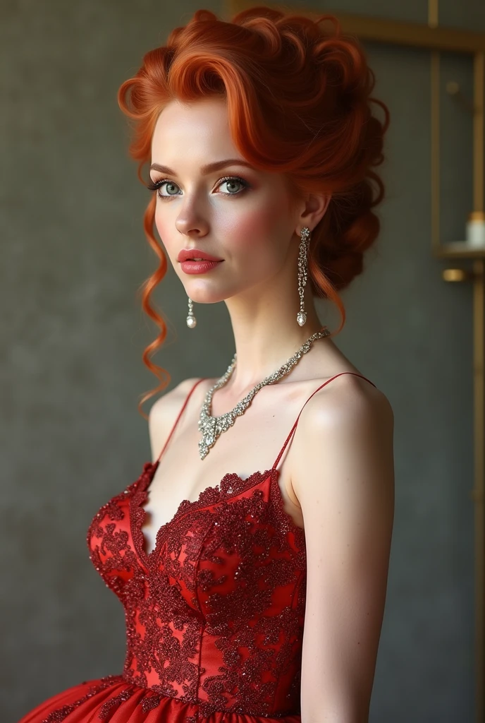 Redhead woman with jewelry , prom dress and hairdo, Full-body image