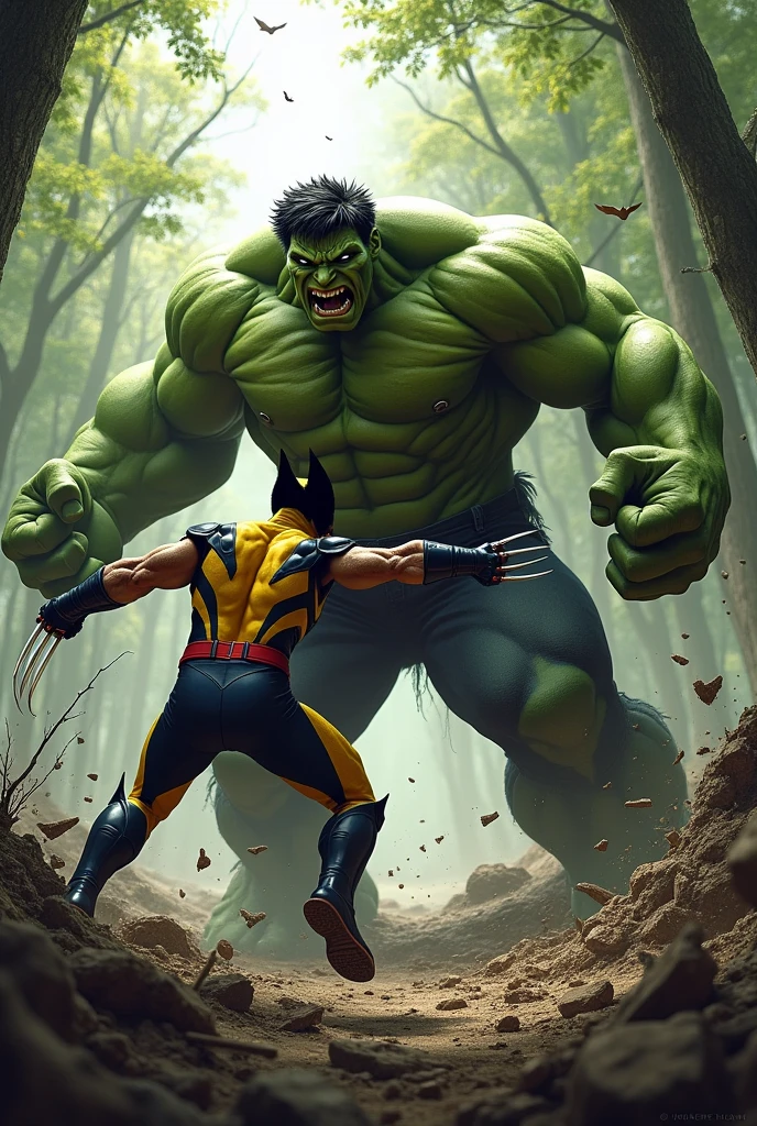 Draw Wolverine vs Hulk, a destructive battle, freaked out hulk, out of control. at the forest 

