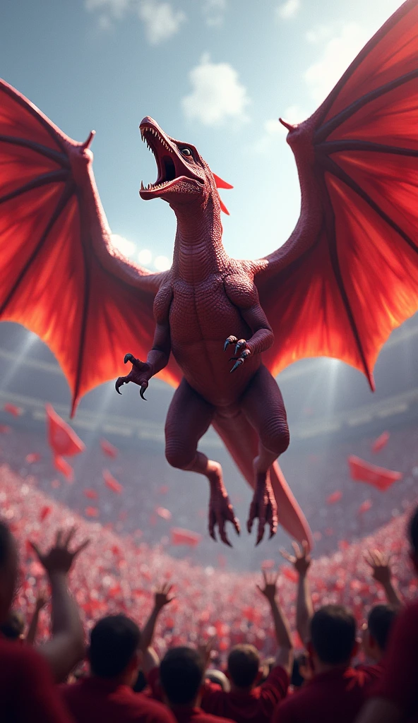 Create an angry, burgundy medium pterodactyl in the middle of a crowded stadium with people wearing burgundy shirts