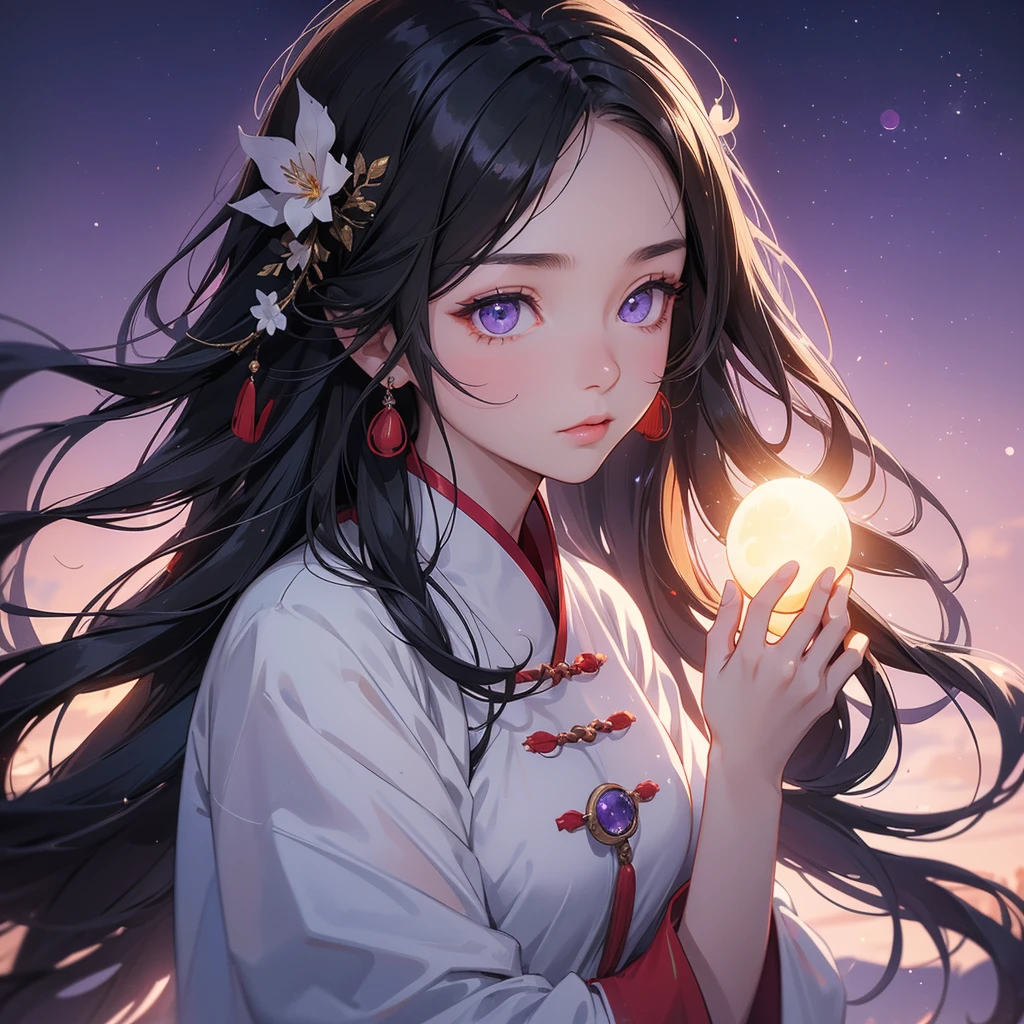 A beautiful girl with black long hair, wear white ancient chinese clothes, with the sun shining on her face, close up.

Background is a dark moonless night, with dry trees in the background, and purple glowing light