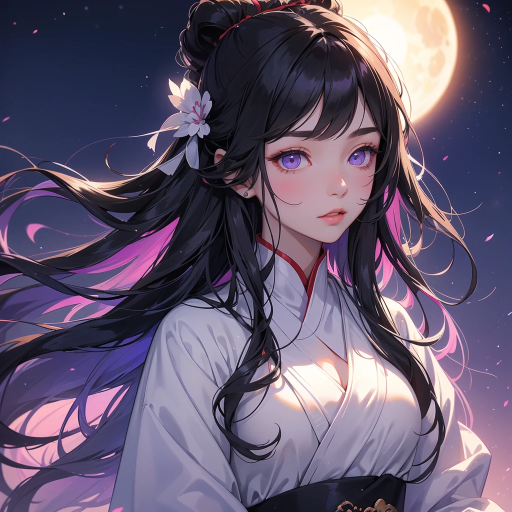 A beautiful girl with black long hair, wear white ancient chinese clothes, with the sun shining on her face, close up.
Background is a dark moonless night, with dry trees in the background, and purple glowing light