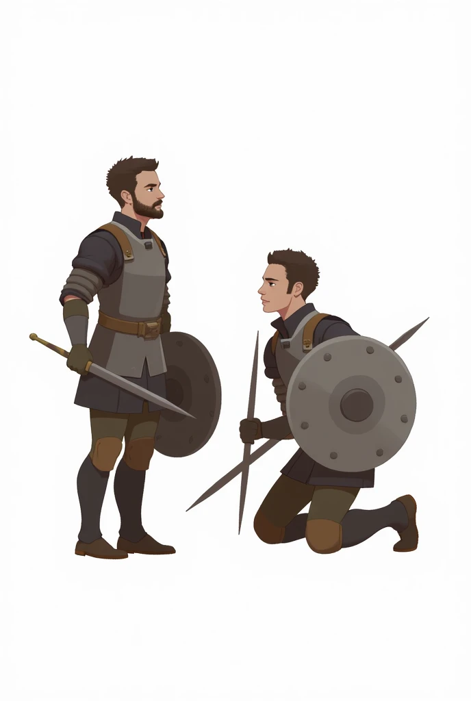 Creat two medieval light auxilart infantry with snall shiled in ine hand and javilin in other hand and two extra crised javilins in the hand which has shield on standing and ahooting other on one knee and shooting both of tem facing in one direction white background and 2d art withiut complexities make little space