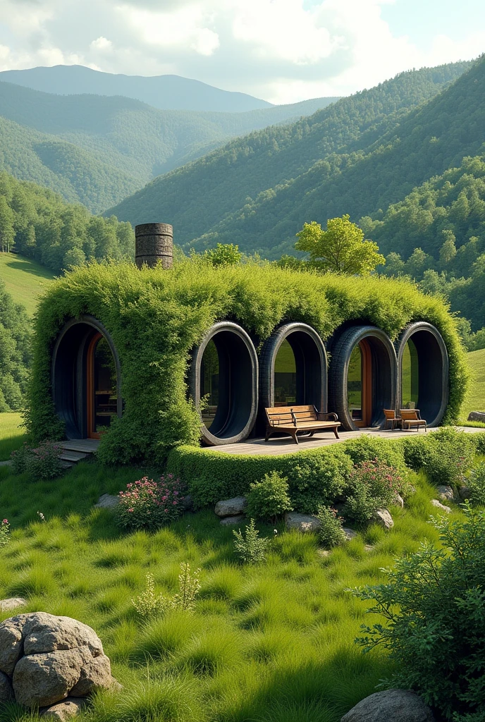 House made with tire walls and ecological green roofs
