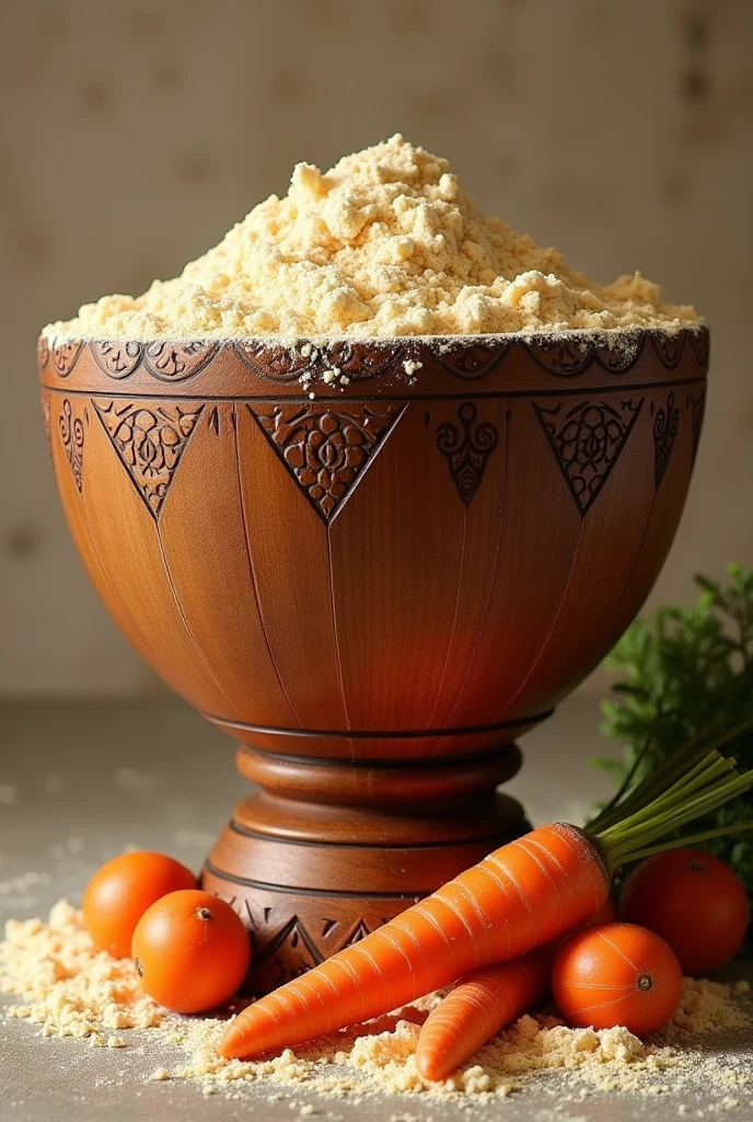 Make an image of a very tall, handcrafted wooden bowl with lots of orange flour and whole carrots embedded in it.