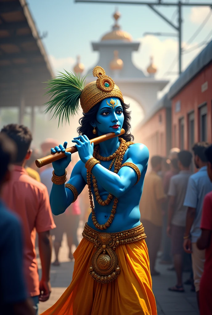 Please create a AI image of god krishna travelling by train reached to Savvy Ville De Raj Nagar extension society main gate ghaziabad.