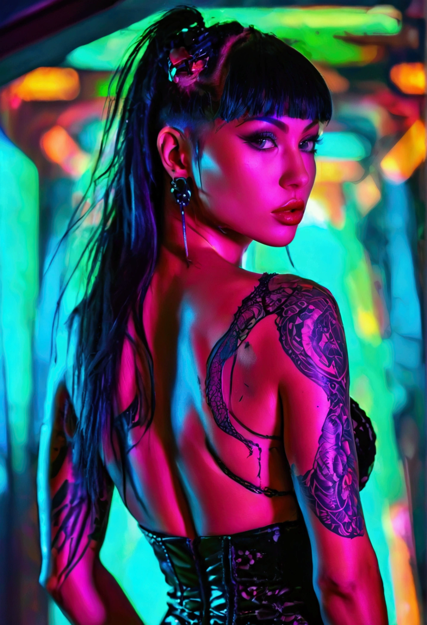 Create a hyper detailed photograph of ablack ink, tattoo muscular young sexy kaiju , Stunningly perfect gorgeous face, perfect makeup, detailed vibrant neon sapphire eyes, long hair, big beautiful muscular legs, big beautiful muscular arms, big back muscles, perfect Voluptuous body figure, muscular abs, detailed smooth skin, (gigantic huge breasts), big muscular ass, black lace dress, detailed realistic cyberpunk futuristic vehicle,