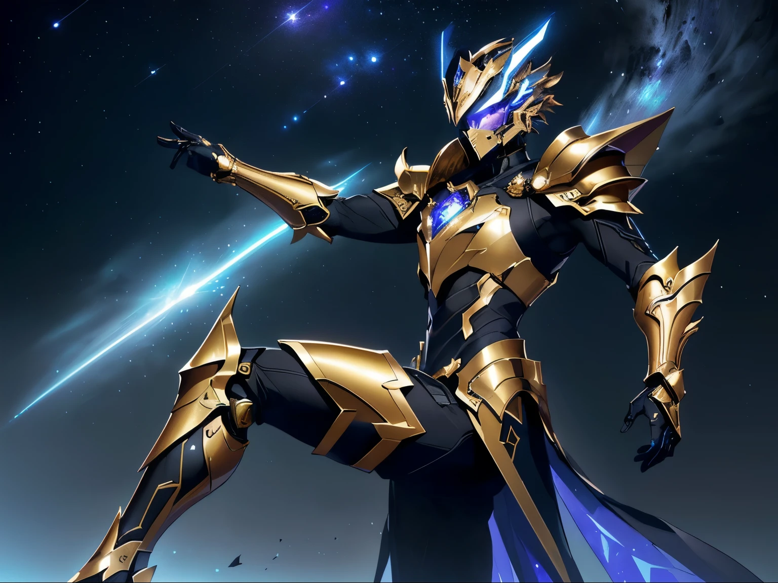 It's a man. The image presents a highly detailed and futuristic armor designed for a male warrior. The armor combines elements from different parts to create a cohesive and powerful look.

Helmet: The helmet features a sleek, aerodynamic design with a golden metallic finish. It has a central crest that rises upwards, and the visor glows with a bright blue light, giving it a high-tech, futuristic appearance.

Pauldrons (Shoulder Pads): The shoulder pads are large and wing-like, curving outward and upward, with a polished golden finish. These pads extend slightly beyond the shoulders and include a sleek, angular design, providing both a majestic and powerful look.

Chest Plate: The chest plate is intricately segmented, with a combination of gold and dark metallic blue. It has a gem-like crystal in the center that emits a soft, mystical glow. The design of the chest plate is both protective and regal, with sharp, angular lines that add to the overall futuristic aesthetic.

Arm Guards: The arm guards are sleek and streamlined, with articulated golden and purple segments that offer flexibility and protection. The design of the gauntlets is both robust and elegant, incorporating futuristic elements that blend with the classic style.

Leg Armor: The legs are armored with segmented plates that are primarily gold and purple. The boots are angular and sturdy, with a design that conveys both strength and agility. The overall look of the leg armor is grounded yet sleek, completing the ensemble with a powerful stance.

The background of the image is a dark cosmic scene, filled with distant stars and nebulae that highlight the polished surfaces of the armor. Dynamic lighting is used to emphasize the key features, particularly the glowing visor and central chest gem, reinforcing the mystical and imposing nature of the warrior.