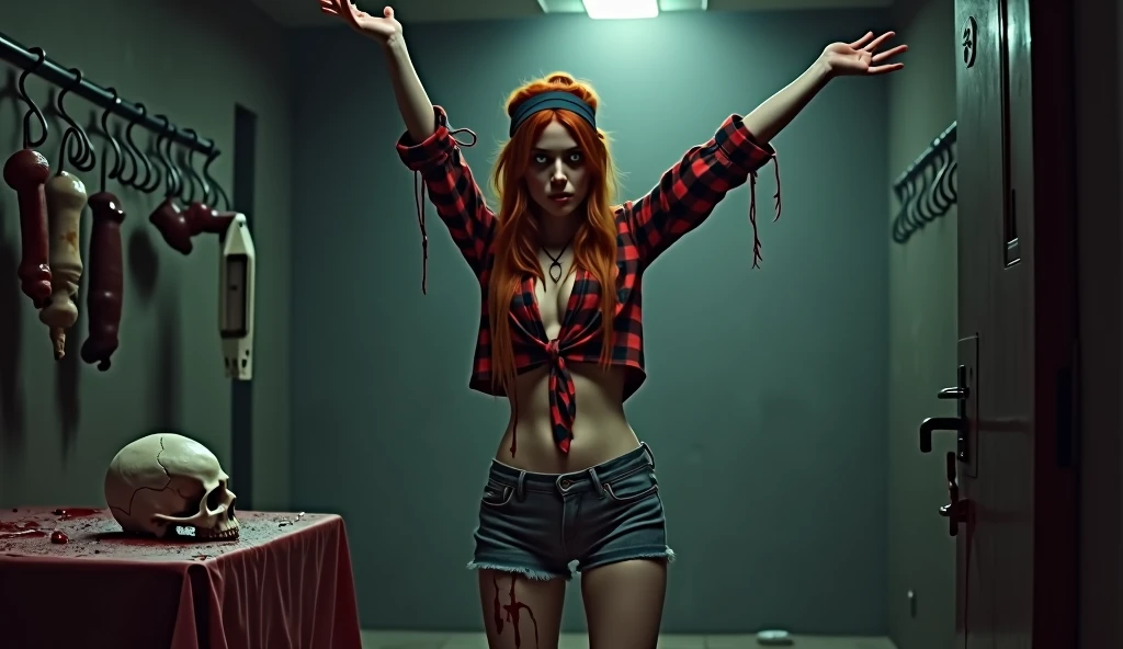 A young Caucasian woman with long red hair, tied back with a headband, is standing with her arms raised, looking distressed. She is wearing a tied plaid shirt that reveals her midriff and denim shorts, both stained with blood. The background is a dark, eerie room filled with hanging meat hooks and a human skull on a table, creating a sinister and threatening atmosphere. Shadows stretch across the room, and the lighting is dim and haunting, casting an unsettling glow. The woman's face shows a look of fear and shock, as if she is in a life-threatening situation.