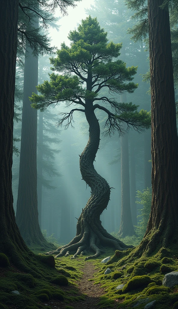 a lonely pine, twisted and robust, surrounded by other ancient trees
