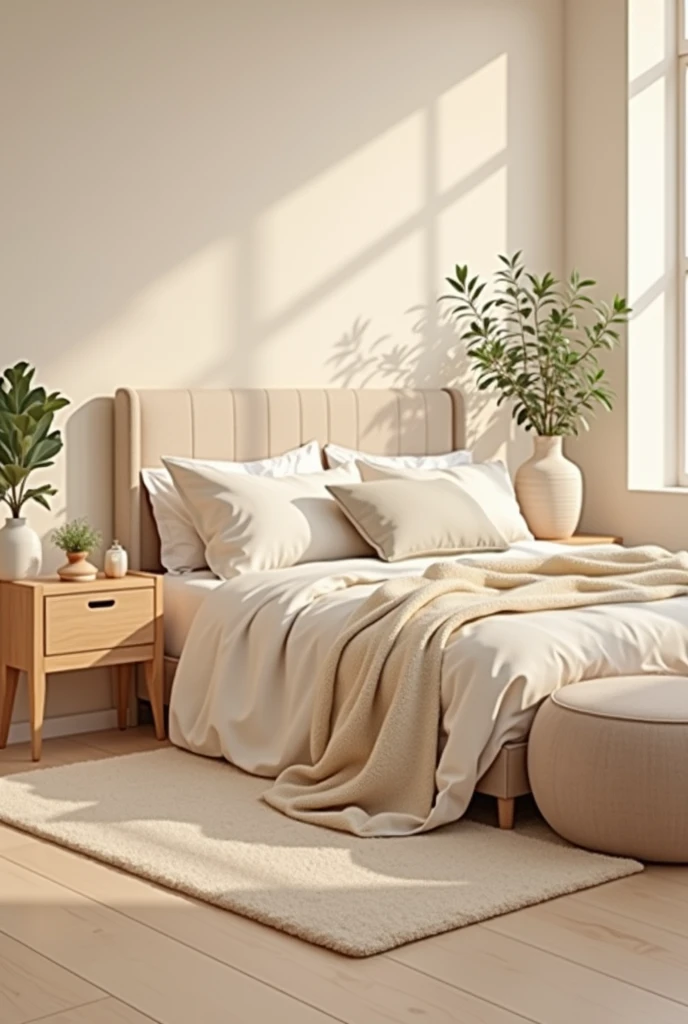 Bedroom beige walls. aesthetic. realistic photo. 4k. The room is harmonized with shades of beige, truth of light plants and wood. Minimalist but stylish design enhancing the comfort and utility of the furniture.