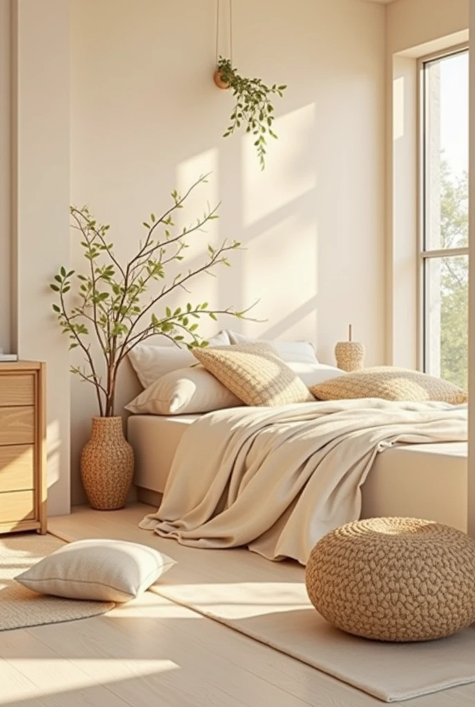 Bedroom beige walls. aesthetic. realistic photo. 4k. The room is harmonized with shades of beige, truth of light plants and wood. Minimalist but stylish design enhancing the comfort and utility of the furniture.
