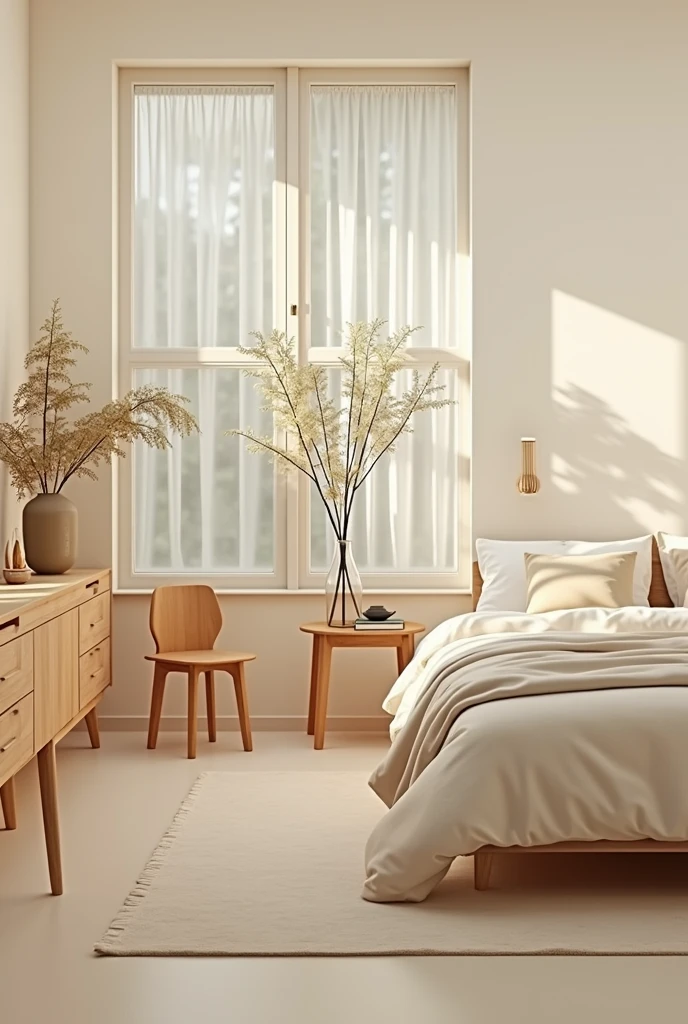 Bedroom beige walls. aesthetic. realistic photo. 4k. The room is harmonized with shades of beige, truth of light plants and wood. Minimalist but stylish design enhancing the comfort and utility of the furniture.