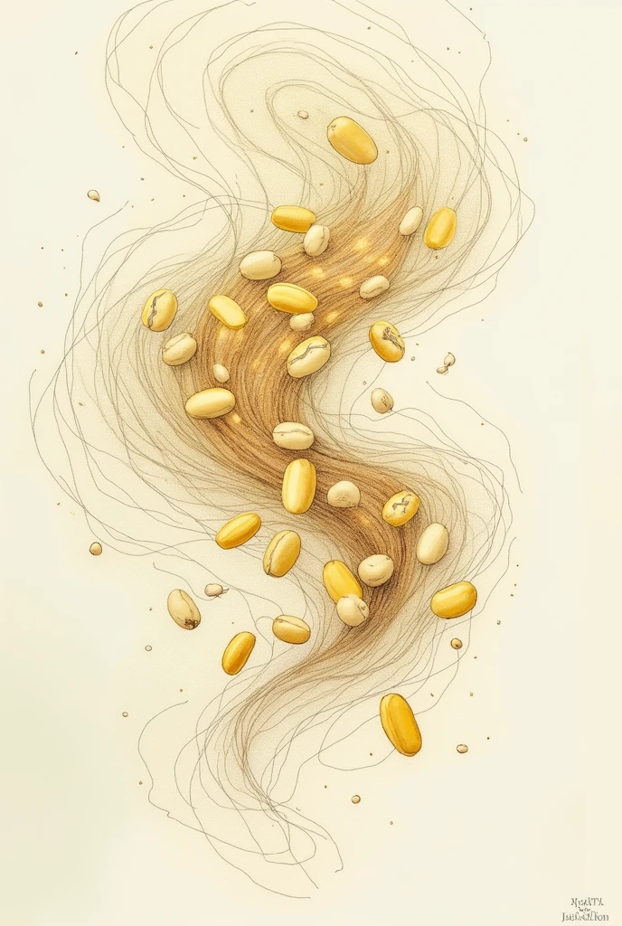 butter beans being enveloped by the air vortex in the fluidized jet bed drying process. This representation emphasizes the strength and control of the process., with a visual connection to nature. drawing-style image