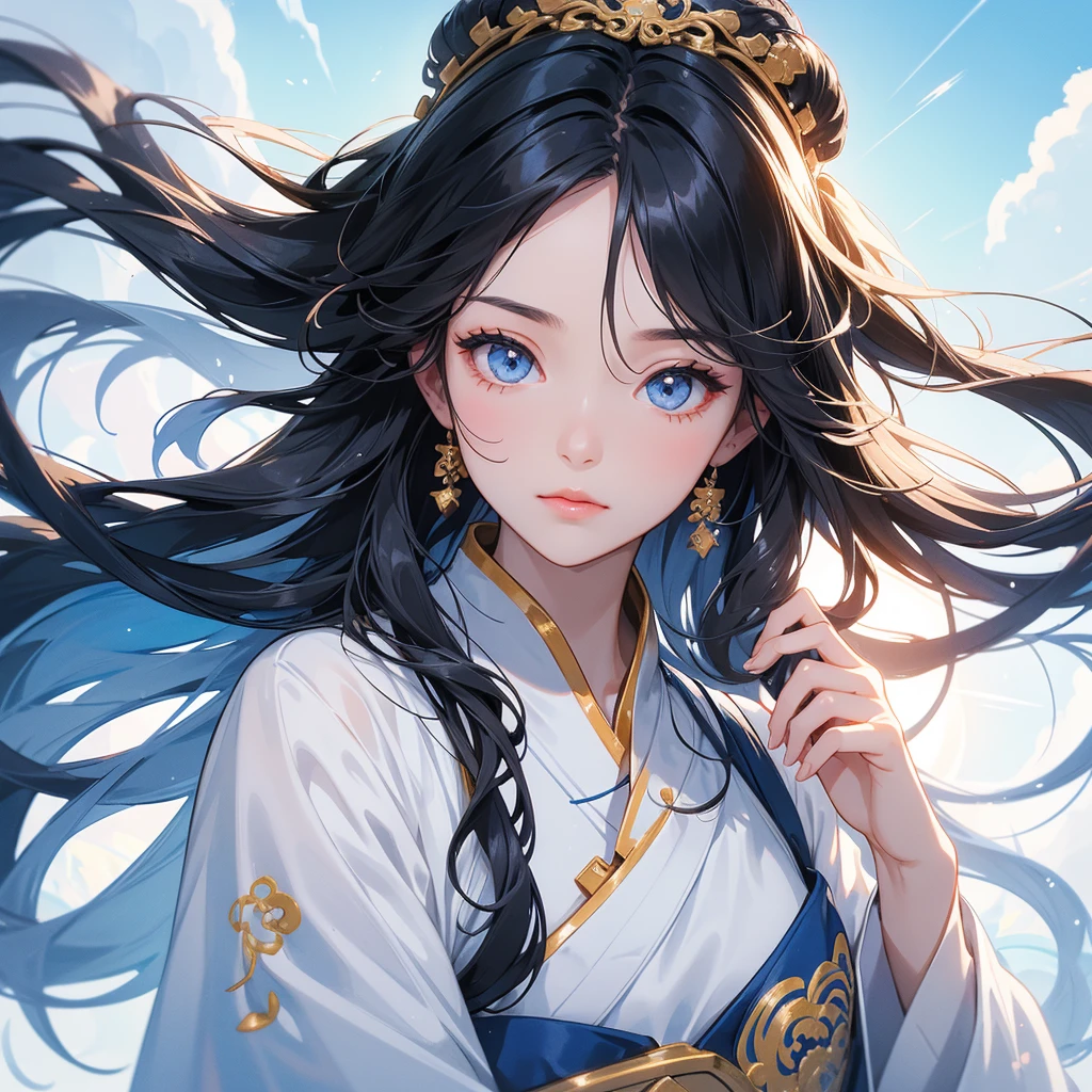 A beautiful girl with black long hair, wear white ancient chinese clothes, with the sun shining on her face, close up.
Background is a blue sky, with low floating blue clouds all over the area