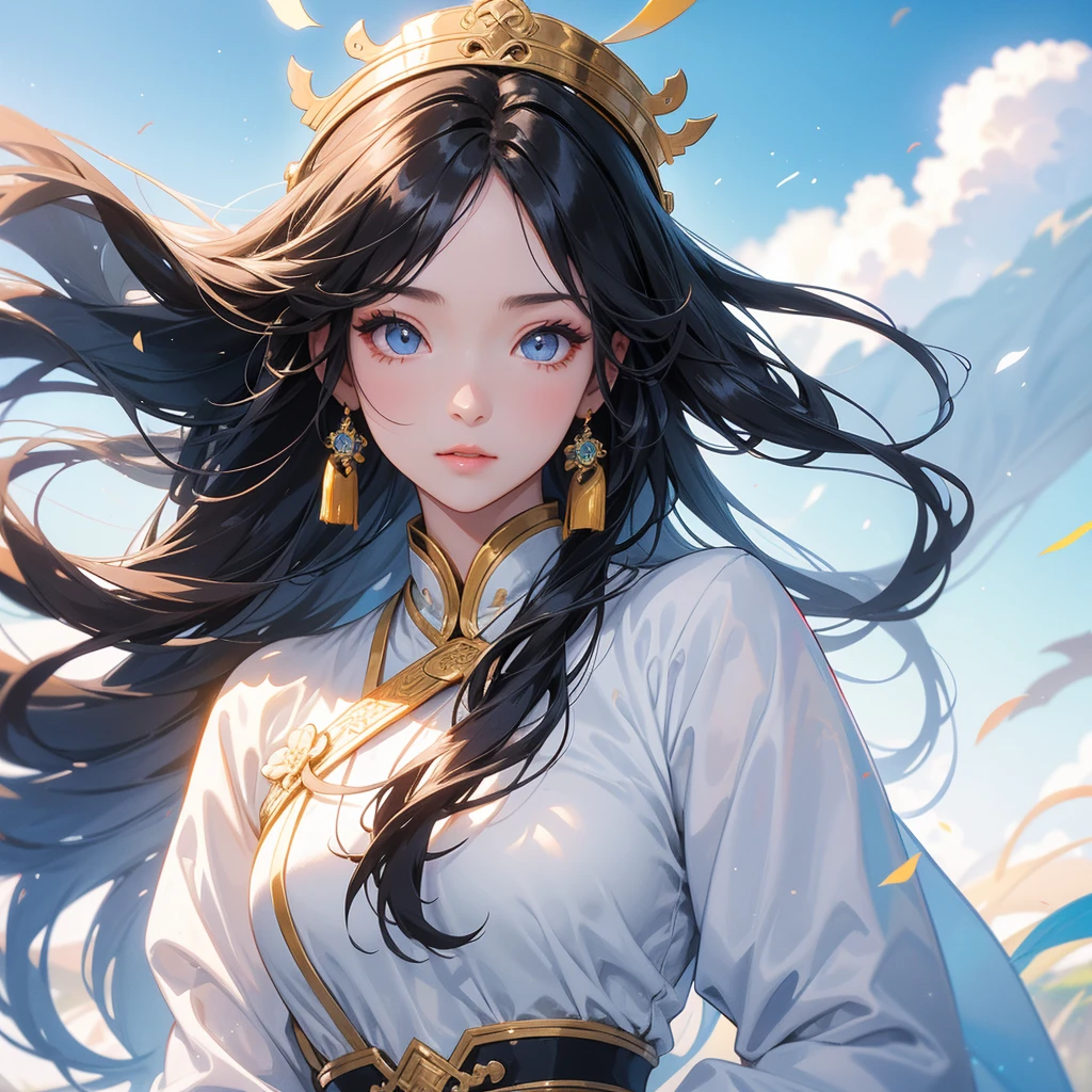 A beautiful girl with black long hair, wear white ancient chinese clothes, with the sun shining on her face, close up.

Background is a blue sky, with low floating blue clouds all over the area