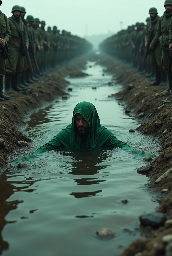 A green hijab men without his hand burial in the battle inside a river a full of army around us