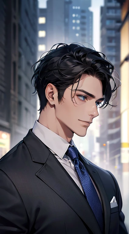 (Highest quality,4K,8K,High resolution,masterpiece:1.2),Super detailed,(Realistic,photoRealistic,photo-Realistic:1.37),1 personld,Mature Man,Beautiful skin、Profile、very handsome,Expressionless,smile,Short gray black hair,blue eyes,Sharp Eyes,A perfect face without a doubt,Businessman,Office Background,Cinema Lighting,HDR image,tie、