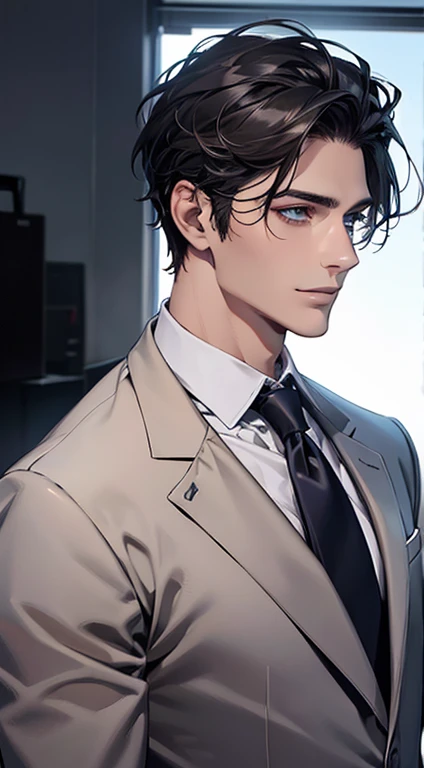 (Highest quality,4K,8K,High resolution,masterpiece:1.2),Super detailed,(Realistic,photoRealistic,photo-Realistic:1.37),1 personld,Mature Man,Beautiful skin、Profile、very handsome,Expressionless,smile,Short gray black hair,blue eyes,Sharp Eyes,A perfect face without a doubt,Businessman,Office Background,Cinema Lighting,HDR image,tie、