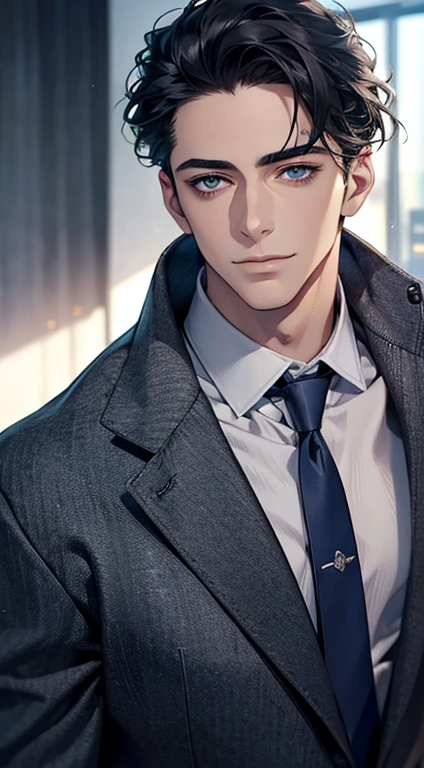 (Highest quality,4K,8K,High resolution,masterpiece:1.2),Super detailed,(Realistic,photoRealistic,photo-Realistic:1.37),1 personld,Mature Man,Beautiful skin、Profile、very handsome,Expressionless,smile,Short gray black hair,blue eyes,Sharp Eyes,A perfect face without a doubt,Businessman,Office Background,Cinema Lighting,HDR image,tie、